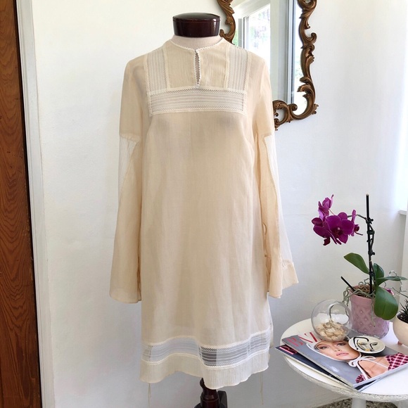 Cream Colored Lightweight Sheer Lace Detail Dress - Picture 2 of 7